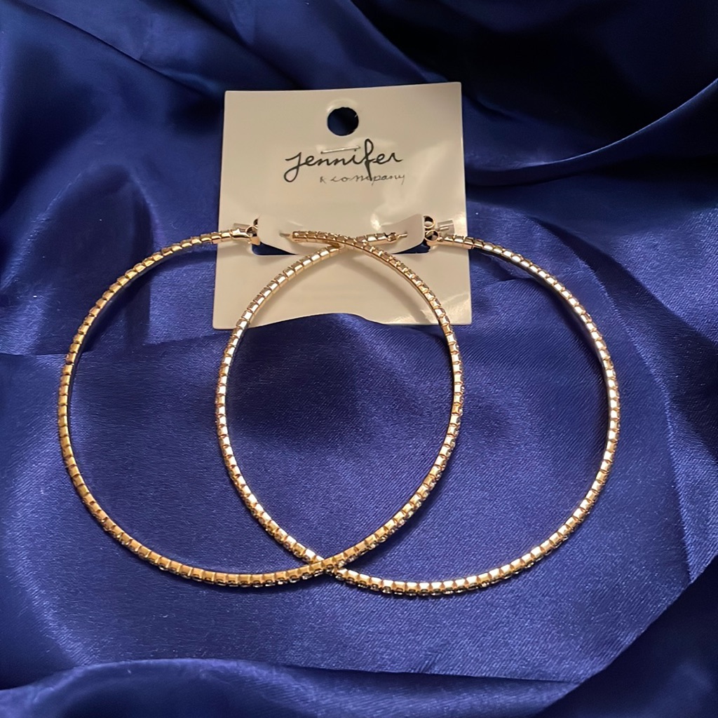 Jennifer & Company 3” Hoop Earrings - Gold-Tone With Crystals - Nwt